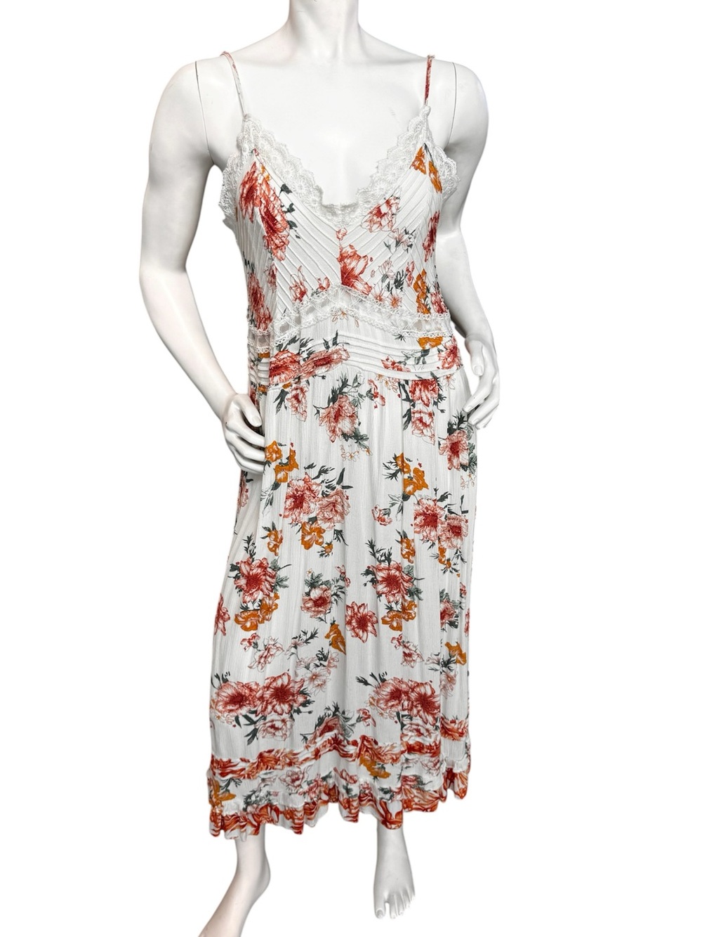 POL. Floral Lace-Trim Maxi Slip Dress - White with Coral & Mustard Floral - Lg